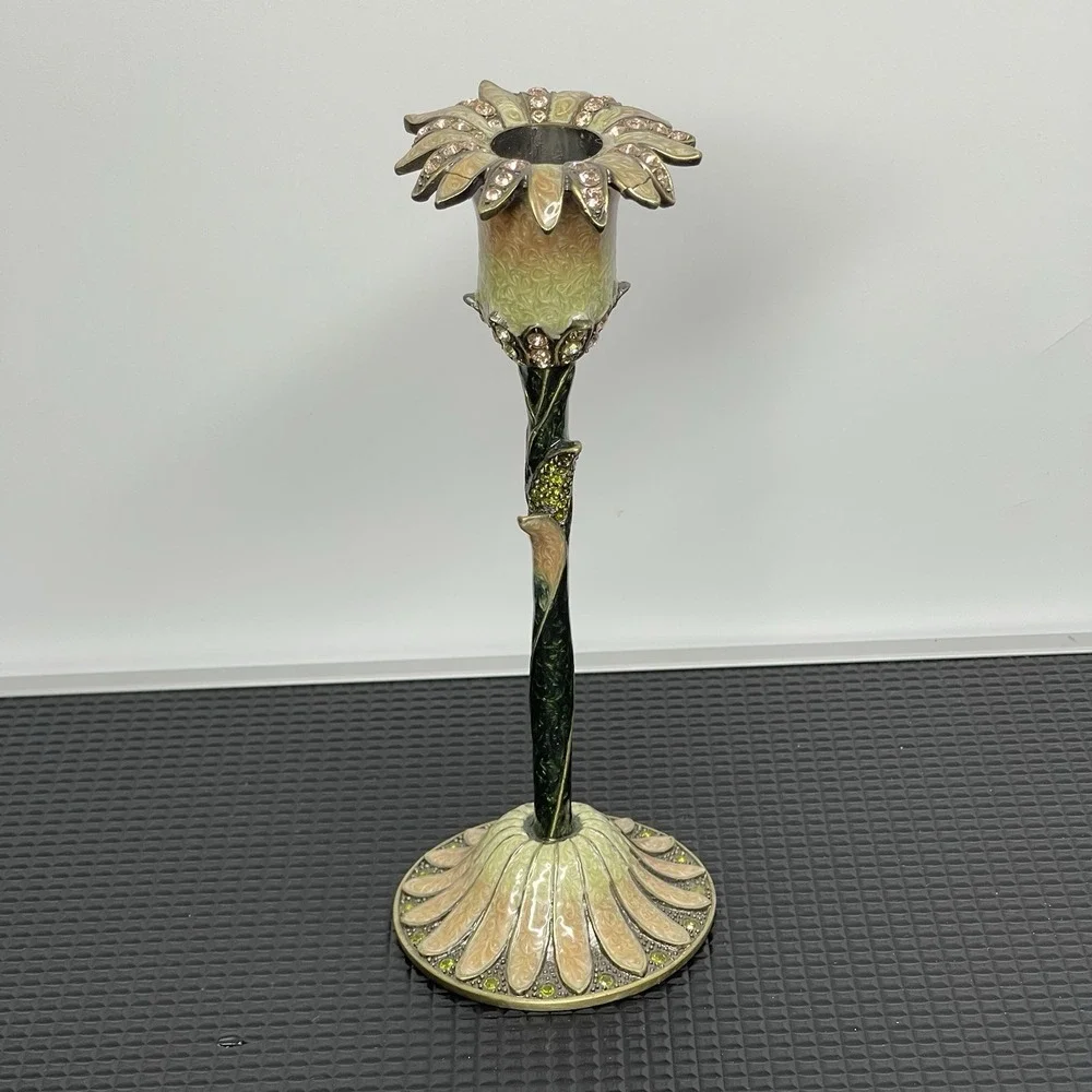 Vintage Enamel Solid Metal Candle Holder Candlestick Art Nouveau‎ Floral Jeweled